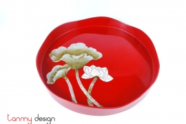 Red round lacquer tray hand-painted with lotus 33 cm